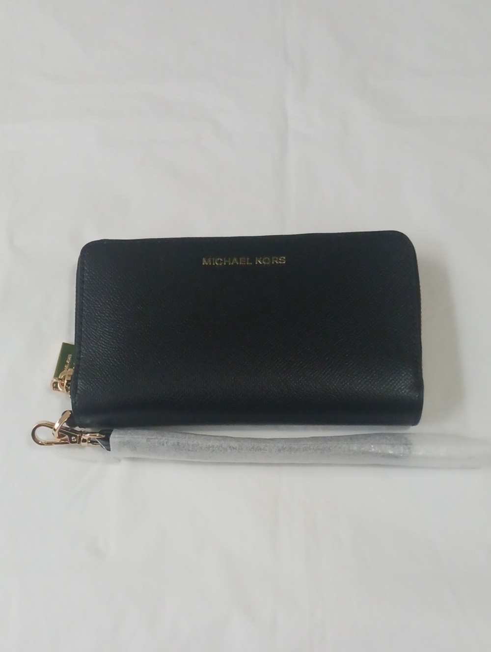 Michael Kors Black Saffiano Zip-Around Wallet with Gold Hardware